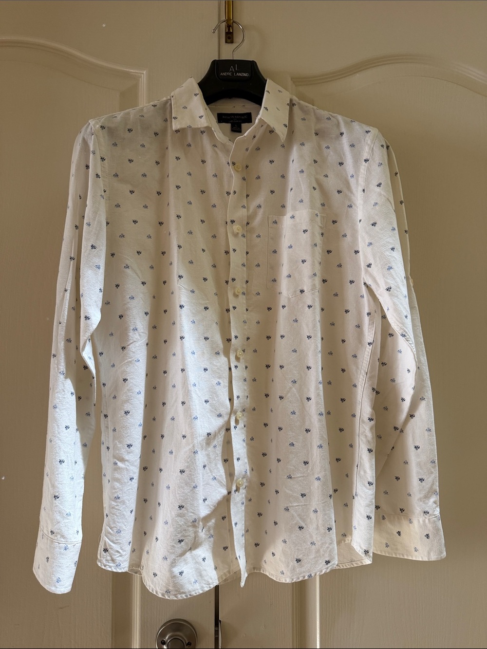 Banana Republic White Button-Down with Small Blue Microprint